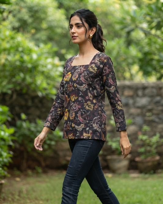 Charcoal Black Paisley Corset Short Kurti with Bell Sleeves