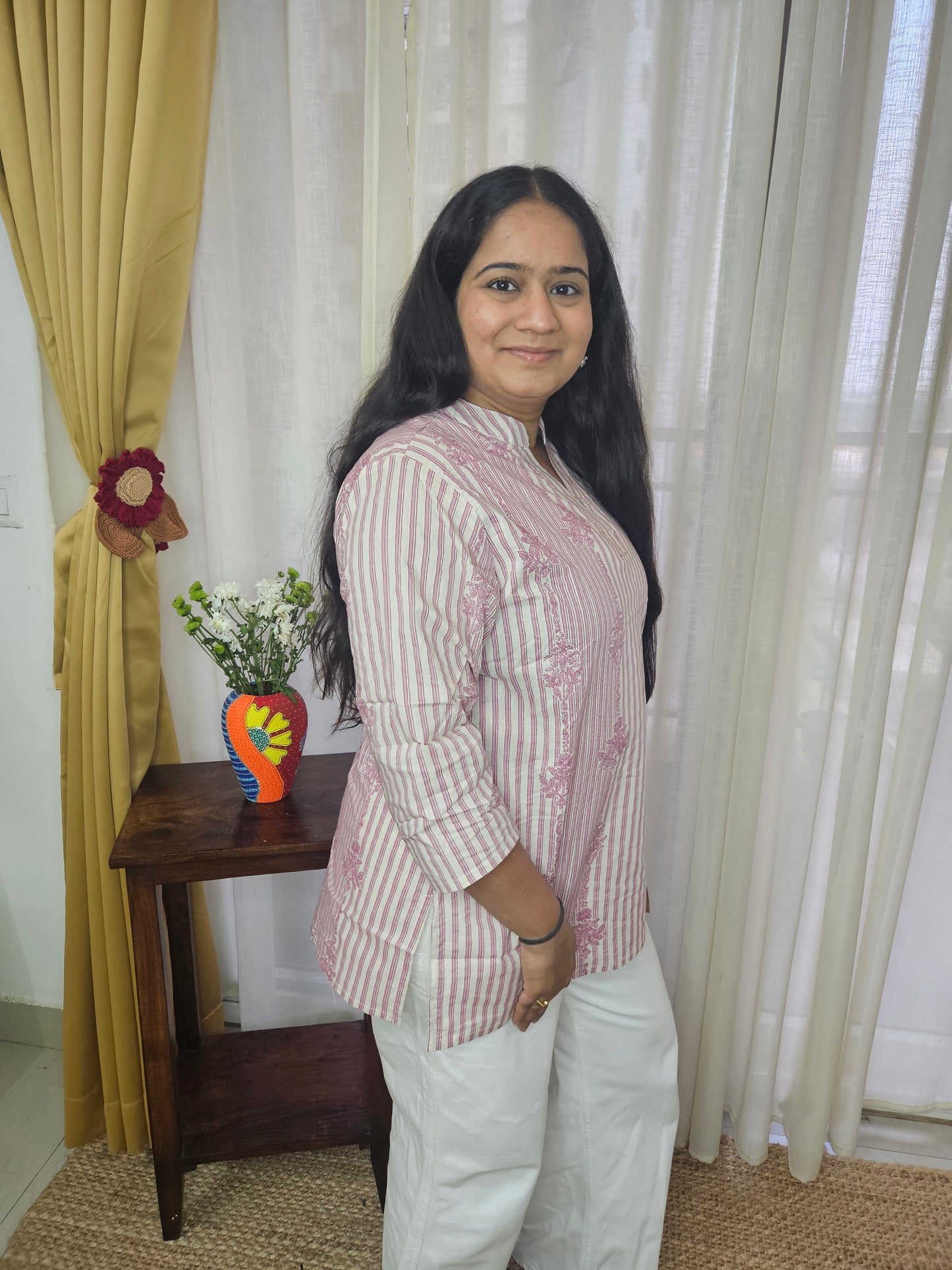 Floral Striped Pink Cotton Print Kurti