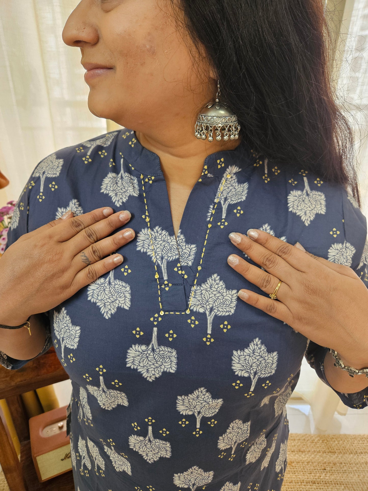 Blue printed cotton Short kurti with Embroidery