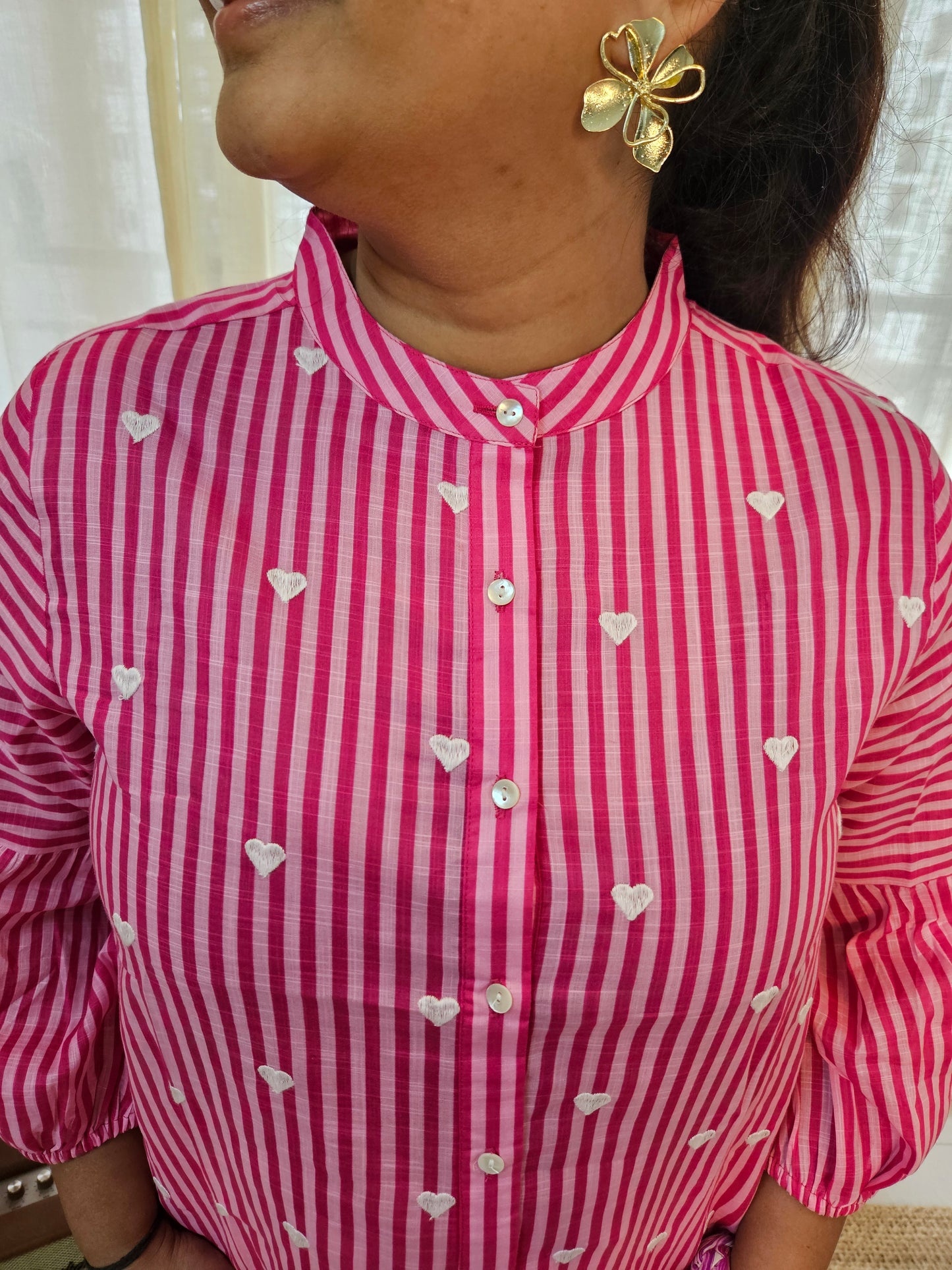 Pink Striped Shirt with White Hearts