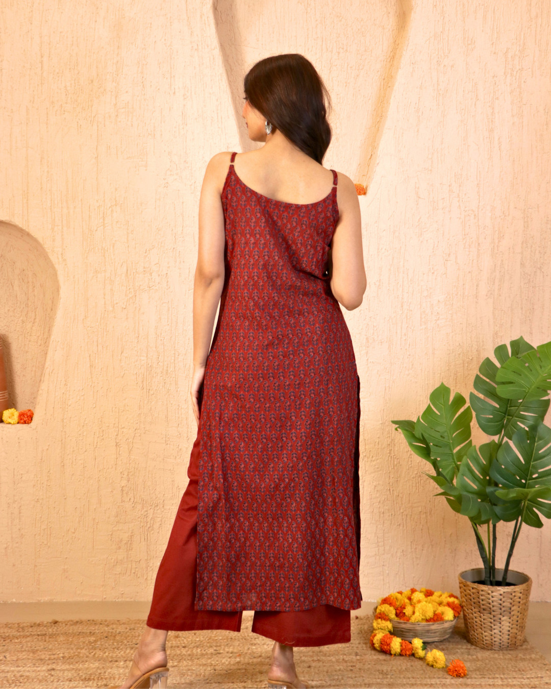 Maroon hand block kurta Set with Subtle Mirror Work