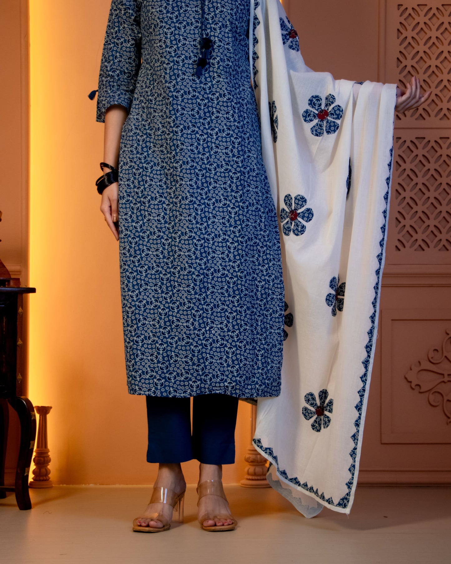 Miras Indigo Blossom Block-Print Kurta Set with Statement Dupatta