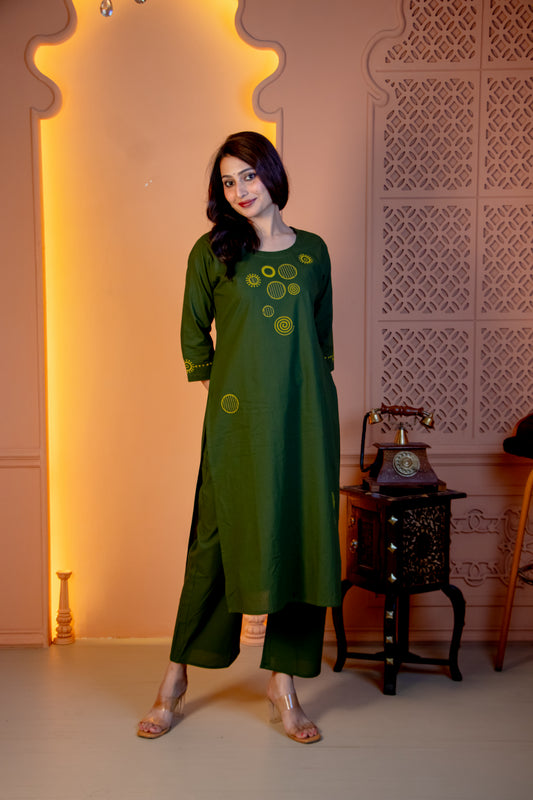 Olive Green Hand-Block Applique Kurta & Trouser Set