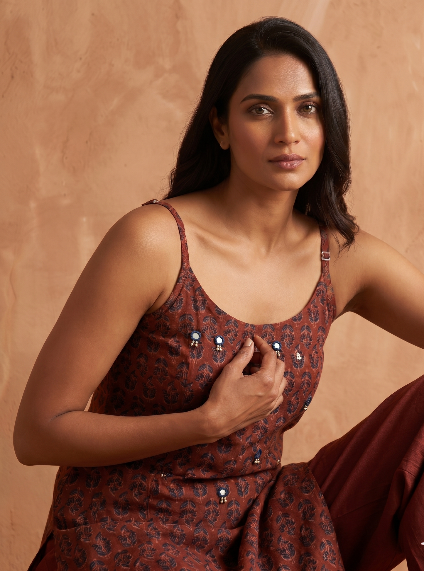 Maroon hand block Kurta Set with Subtle Mirror Work