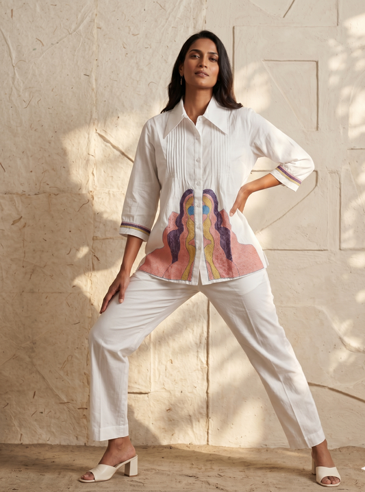 White Co-ord Set with Multi-Color Embroidery