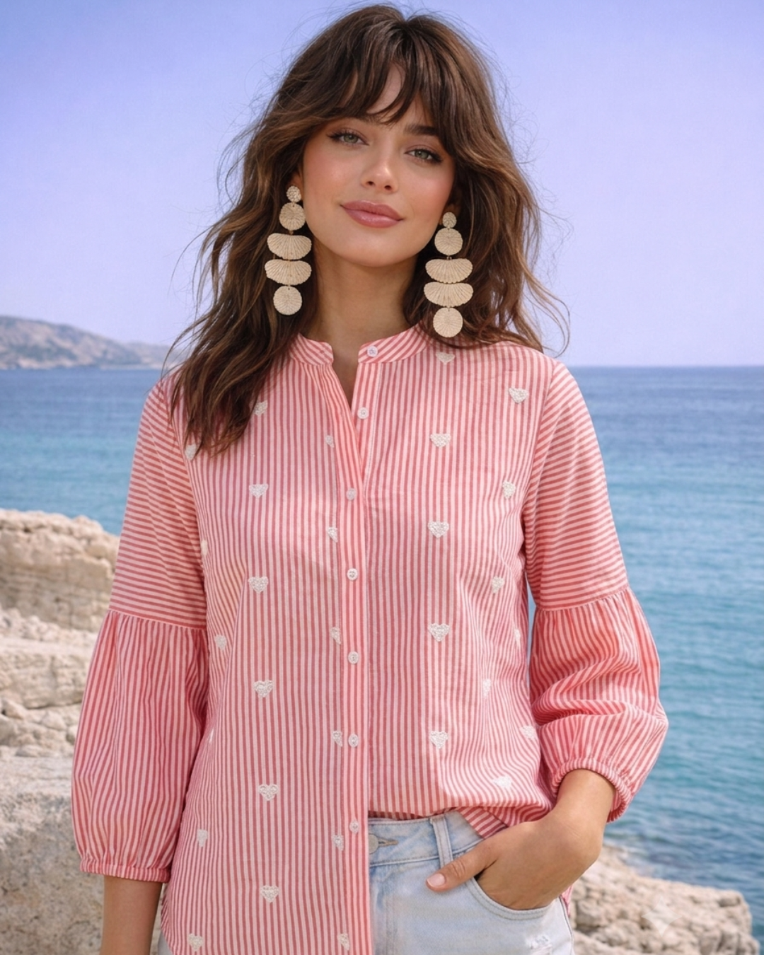 Candy Soft Pink Heart-Embroidered Striped Cotton Shirt