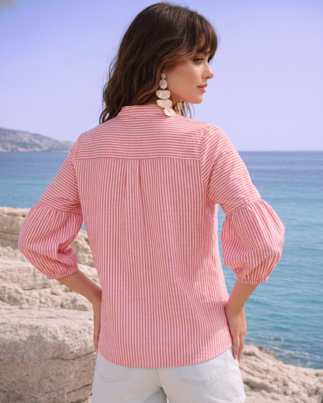 Candy Soft Pink Heart-Embroidered Striped Cotton Shirt