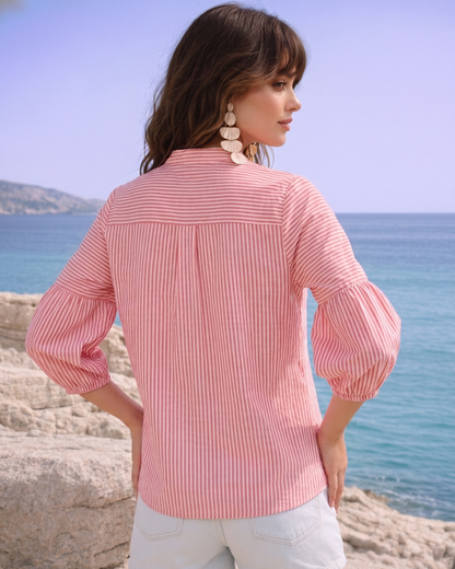 Candy Soft Pink Heart-Embroidered Striped Cotton Shirt