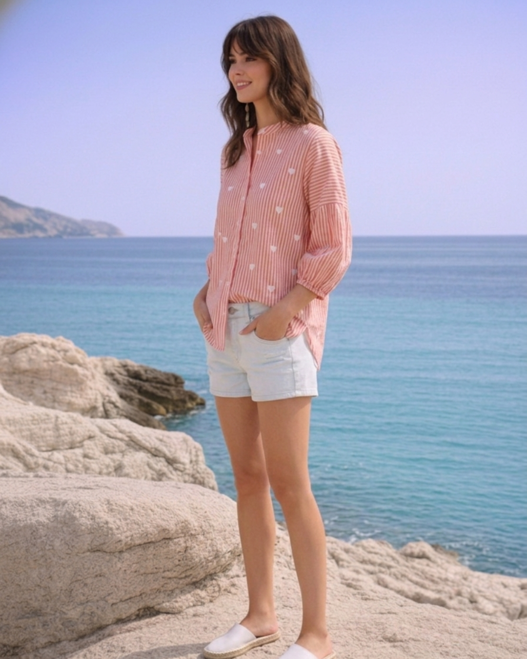 Candy Soft Pink Heart-Embroidered Striped Cotton Shirt