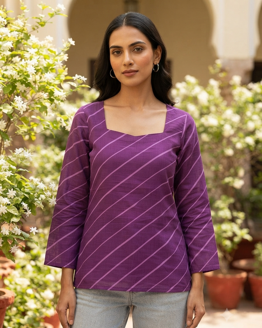 Purple Striped Corset Short Kurti with Bell Sleeves