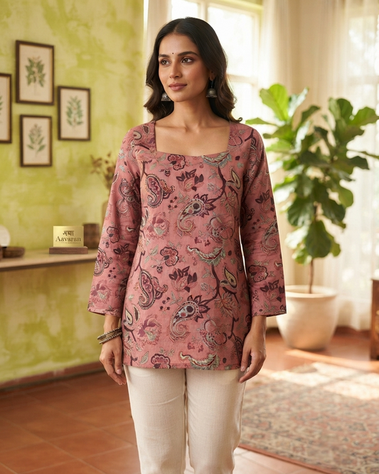 Rose Pink Paisley Corset Short Kurti with Bell Sleeves