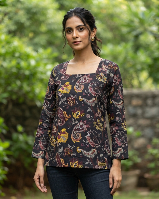 Charcoal Black Paisley Corset Short Kurti with Bell Sleeves