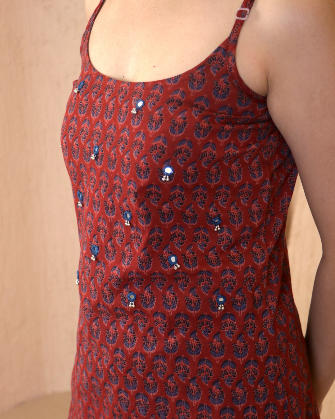 Maroon hand block kurta Set with Subtle Mirror Work