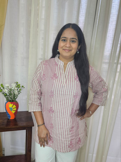 Floral Striped Pink Cotton Print Kurti
