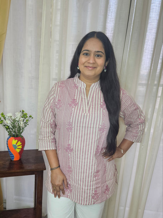 Floral Striped Pink Cotton Print Kurti