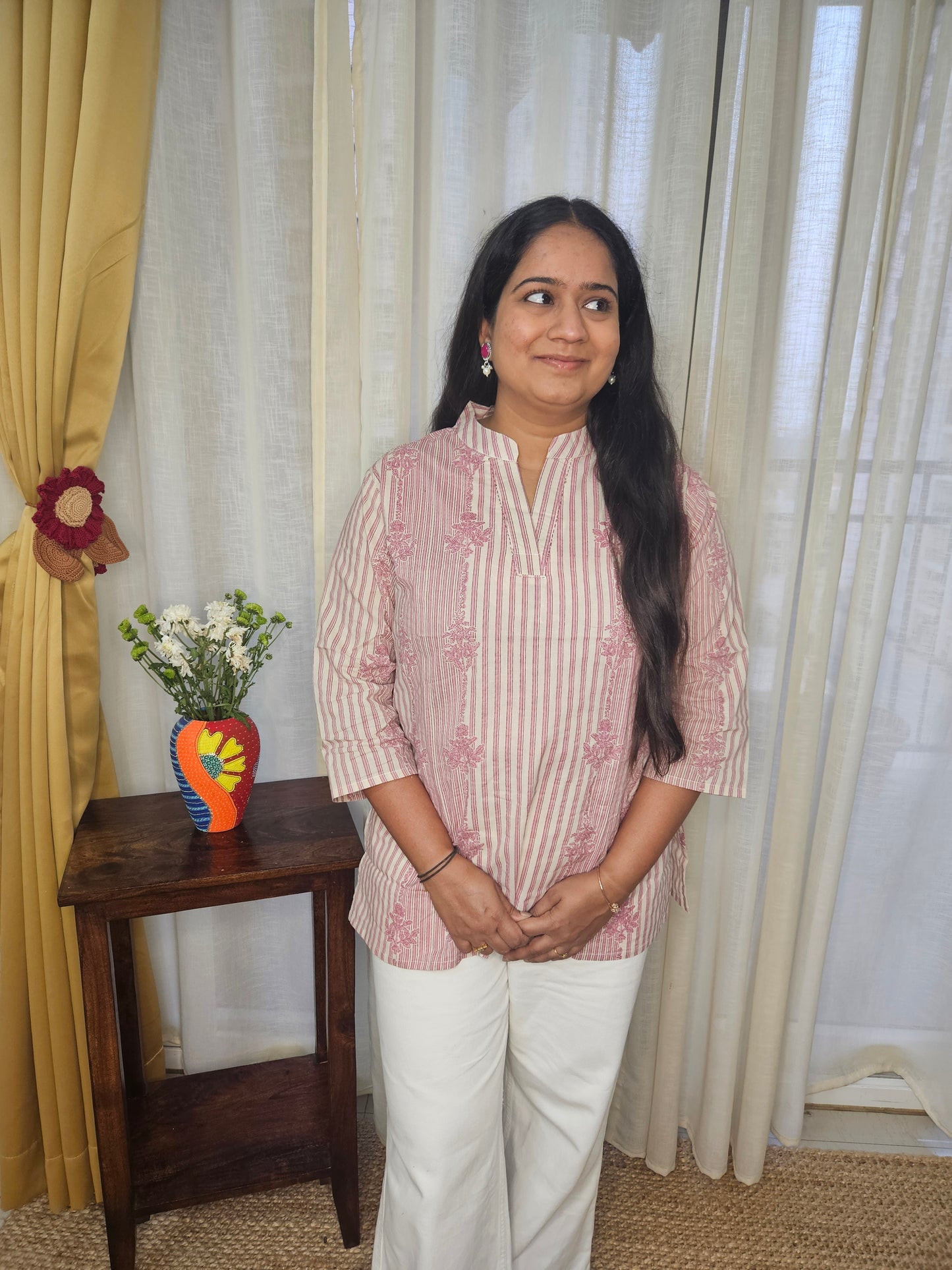 Floral Striped Pink Cotton Print Kurti