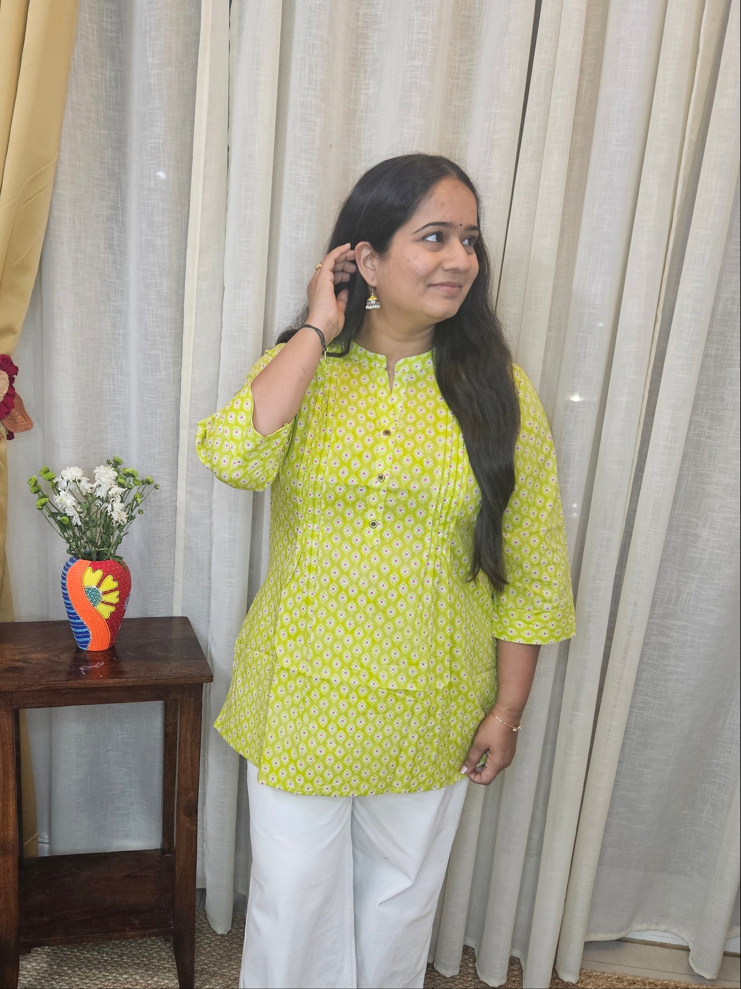 Lime Green Buti Printed Cotton Short Kurti