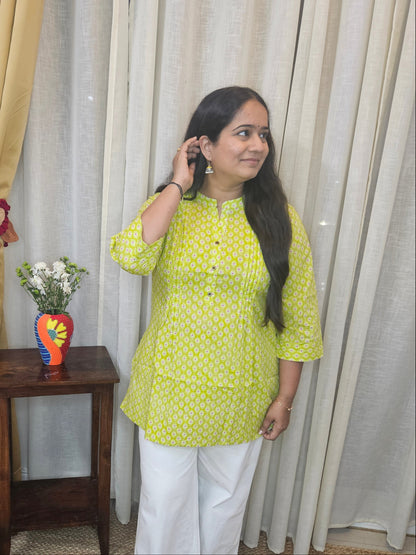 Lime Green Buti Printed Cotton Short Kurti