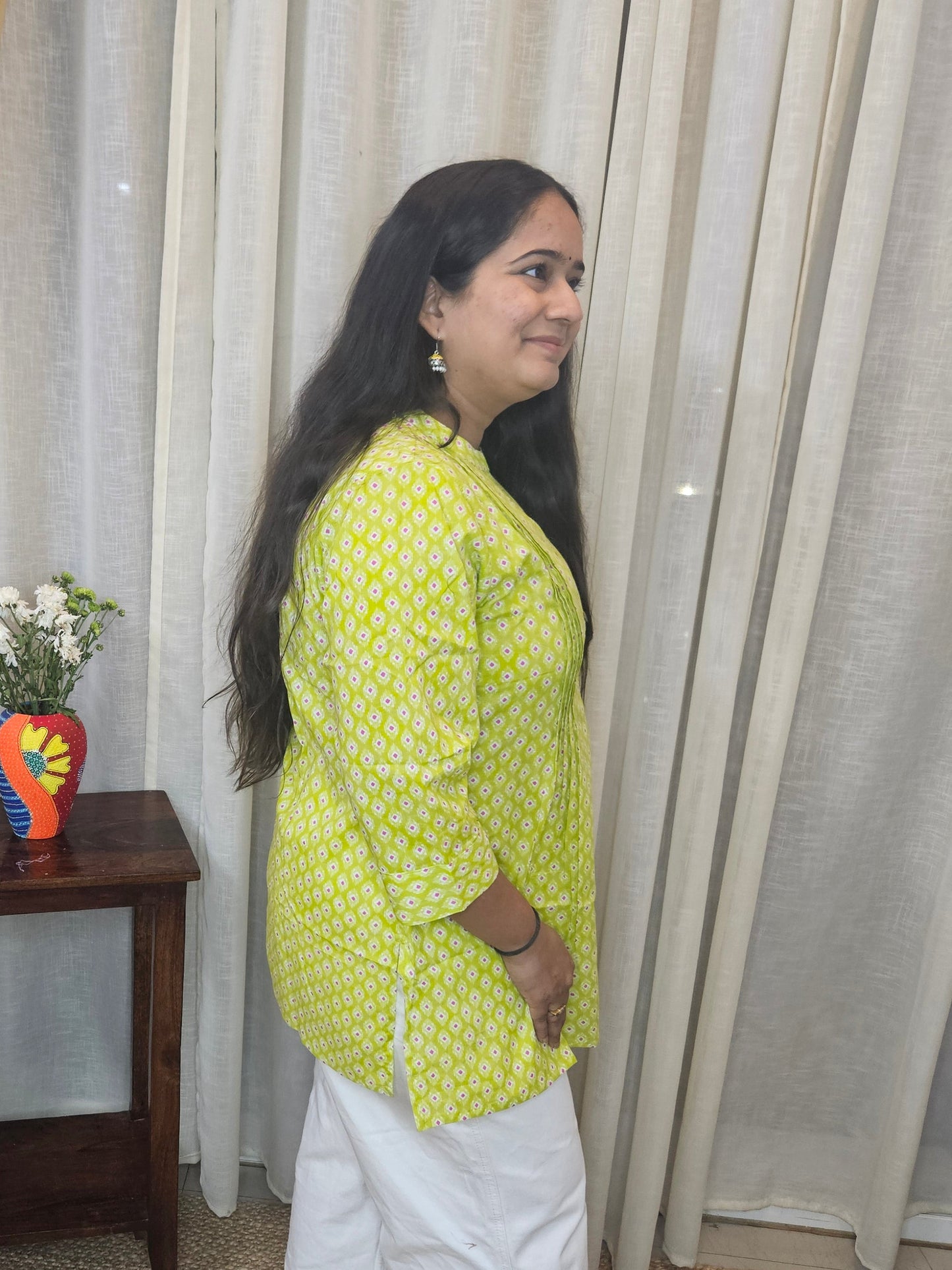 Lime Green Buti Printed Cotton Short Kurti