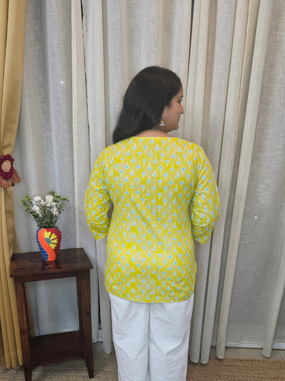 Lime Green peacock feather printed cotton short kurti