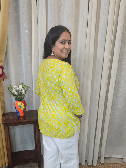 Lime Green peacock feather printed cotton short kurti