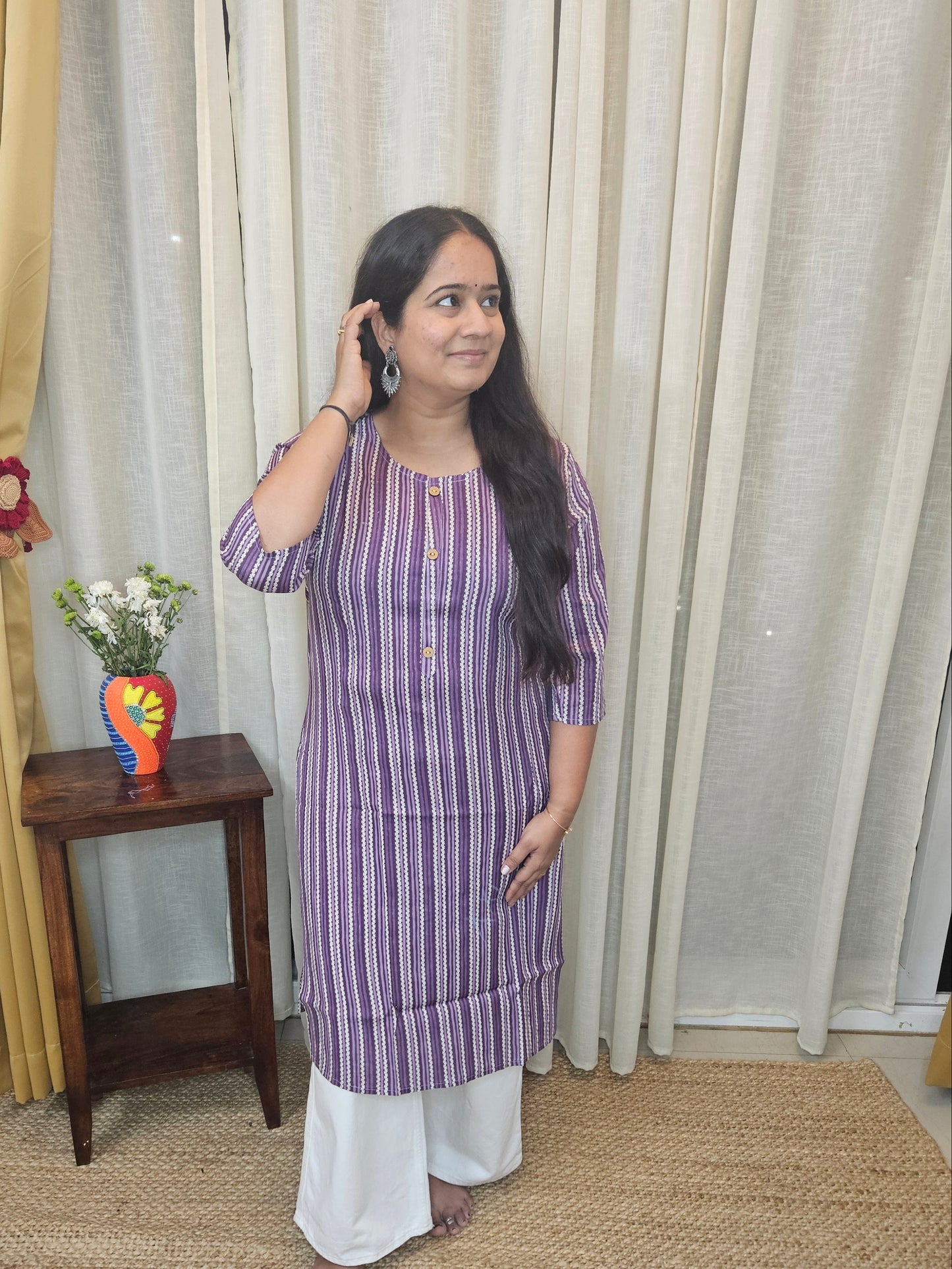 Purple Stripe printed cotton Long kurti