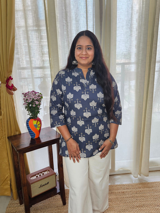 Blue printed cotton Short kurti with Embroidery