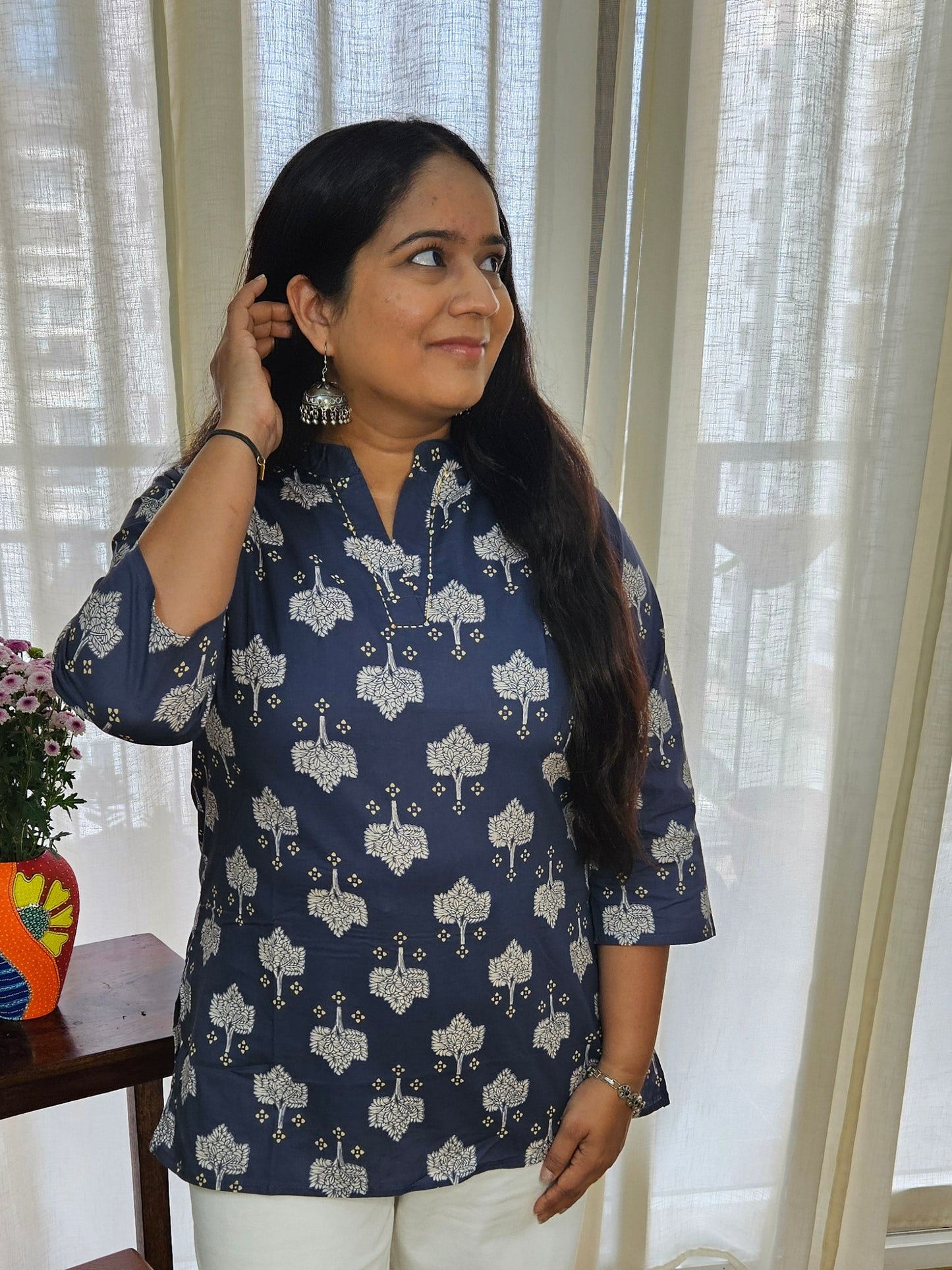 Blue printed cotton Short kurti with Embroidery