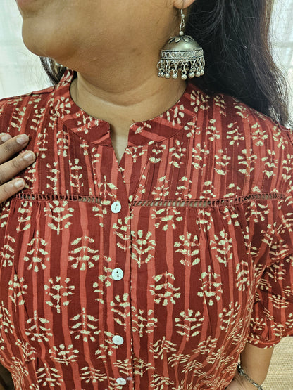 Hand block printed Red short top