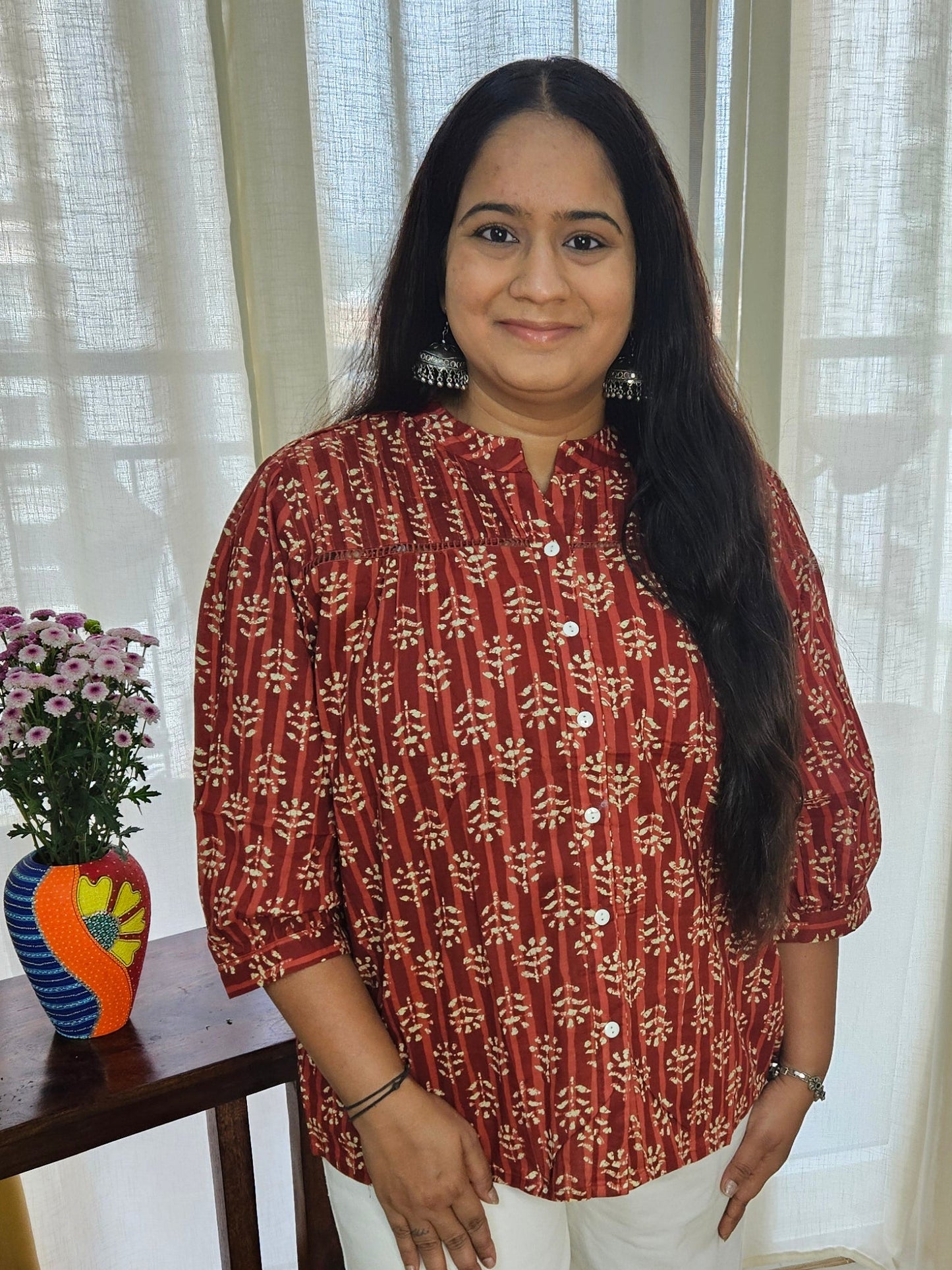 Hand block printed Red short top