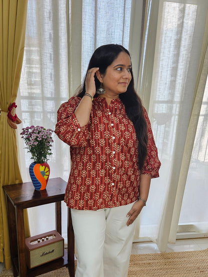 Hand block printed Red short top
