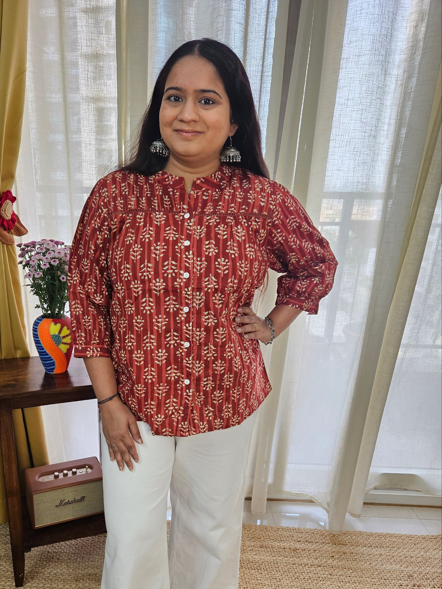 Hand block printed Red short top