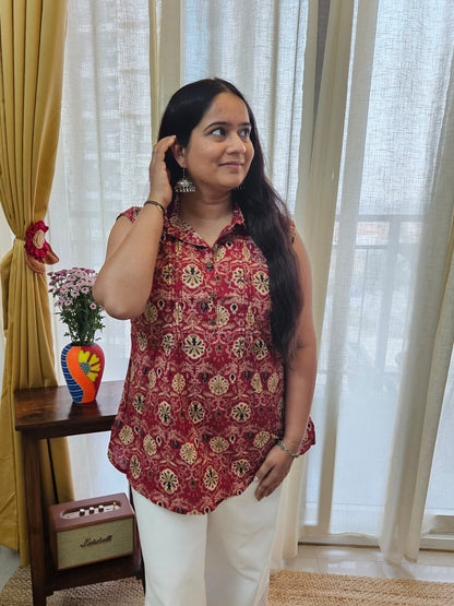 Printed Motif cotton sleeveless top