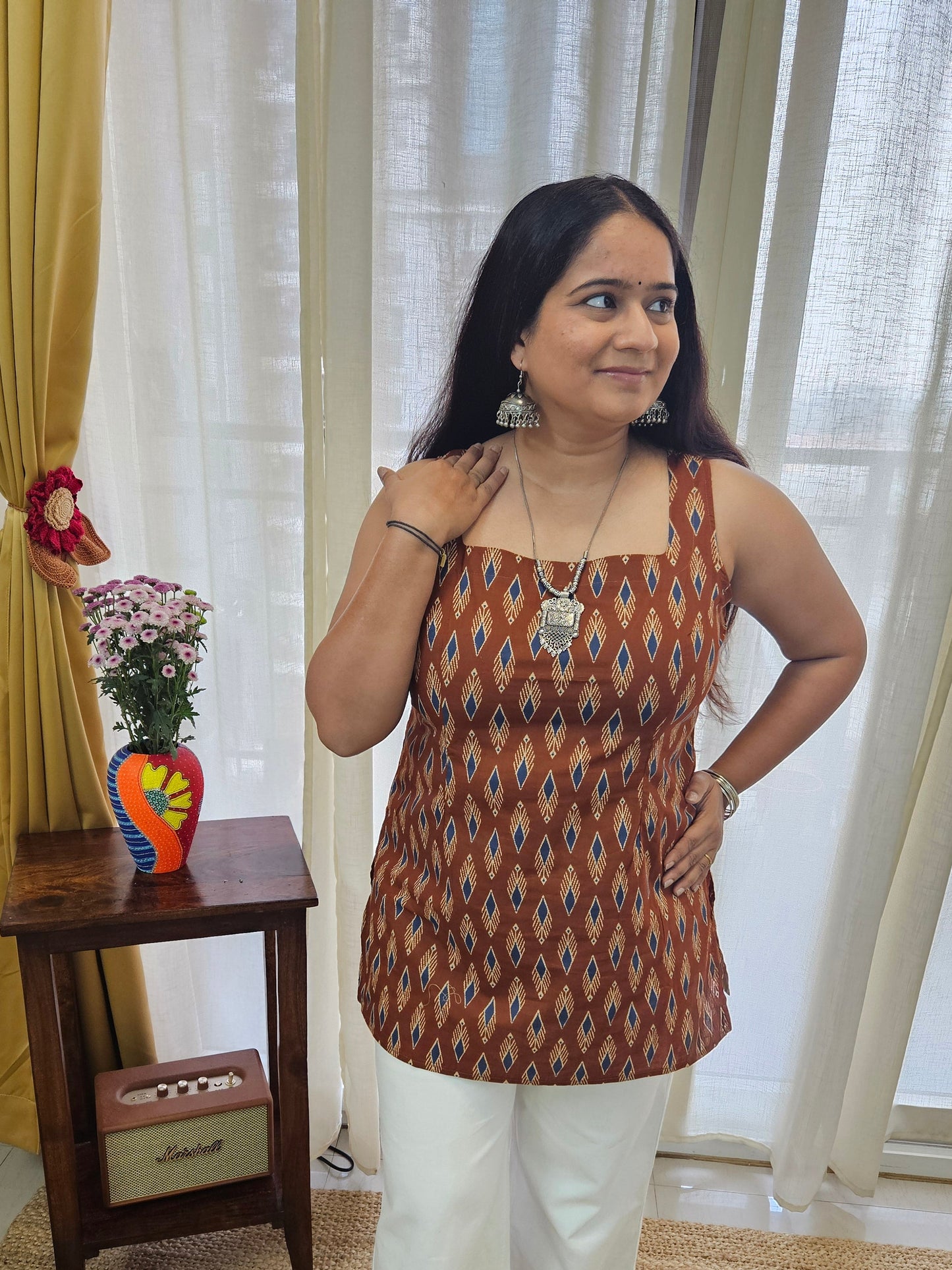 Sanganeri Print Starp Brown kurti