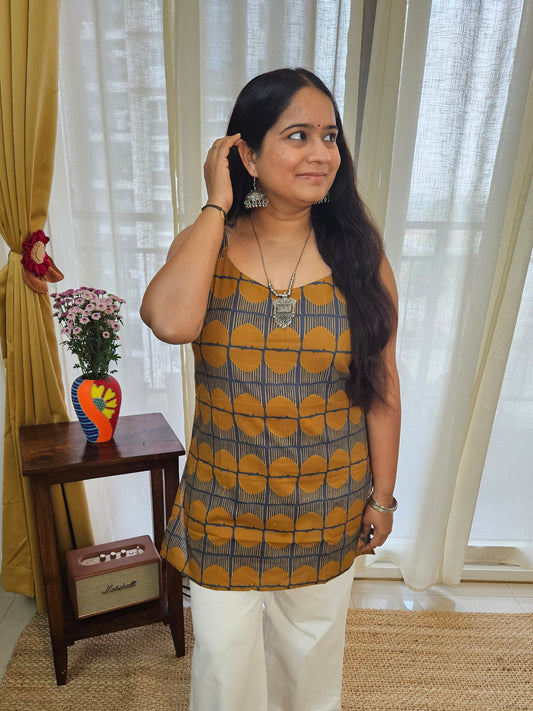 Handblock Print Starp Mustard kurti