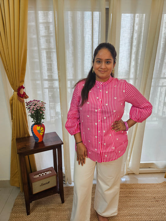 Pink Striped Shirt with White Hearts