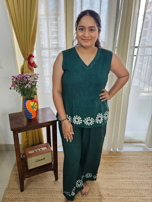 Hand Block Printed Green Sleeveless Coord Set