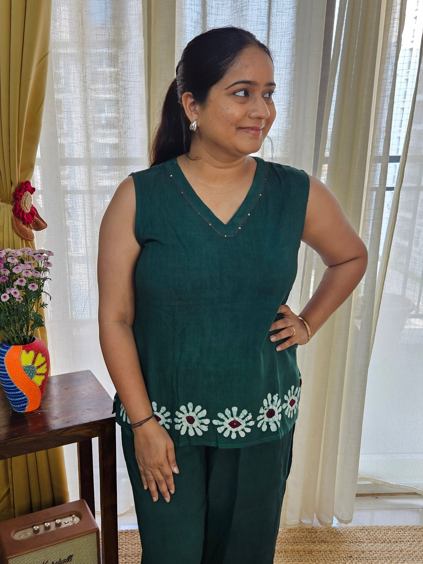 Hand Block Printed Green Sleeveless Coord Set