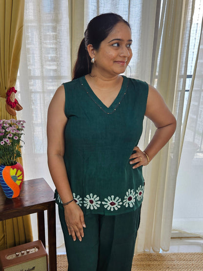 Hand Block Printed Green Sleeveless Coord Set