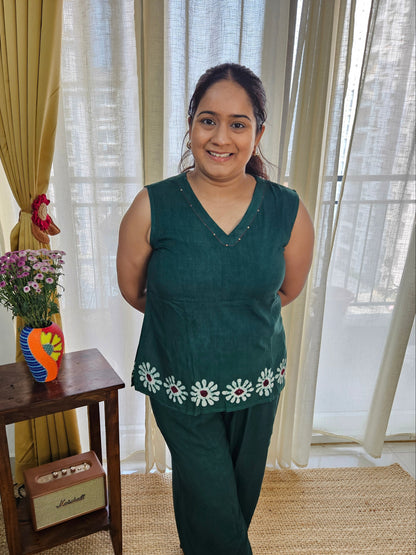 Hand Block Printed Green Sleeveless Coord Set