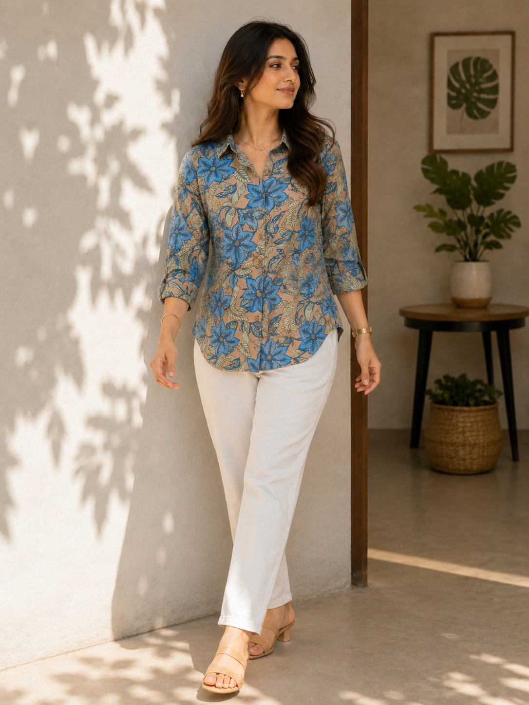 Heritage Botanical Print Shirt – Cerulean & Sand