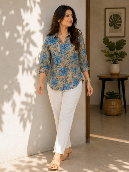 Heritage Botanical Print Shirt – Cerulean & Sand