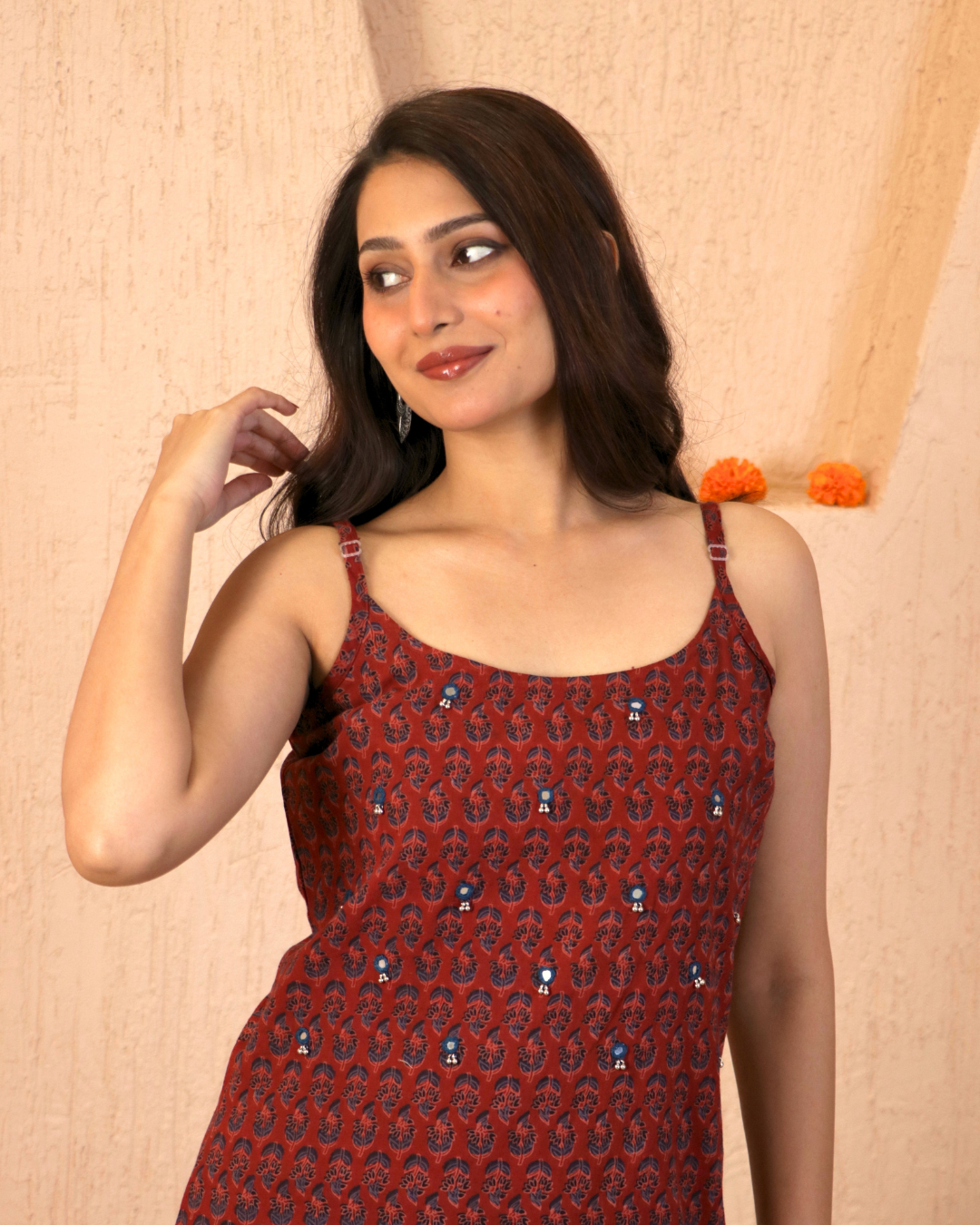 Maroon hand block kurta Set with Subtle Mirror Work