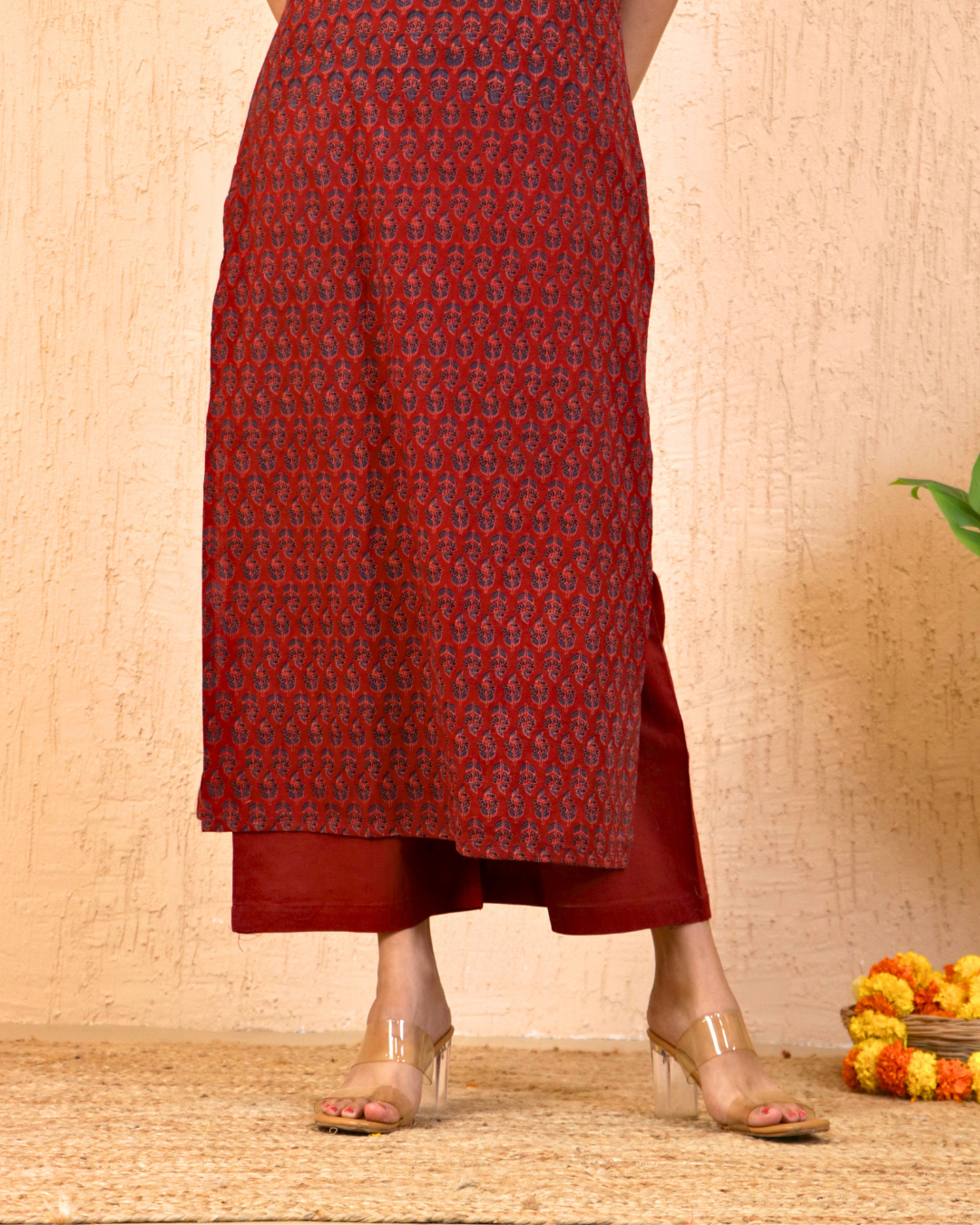 Maroon hand block kurta Set with Subtle Mirror Work