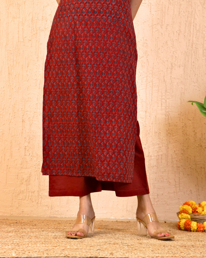 Maroon hand block kurta Set with Subtle Mirror Work