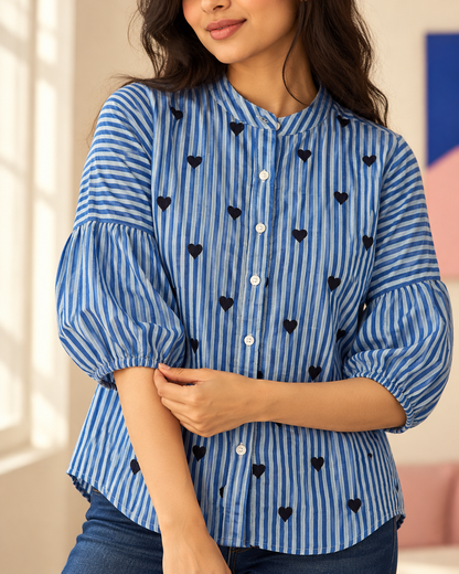 Myra Heart Print Striped Shirt