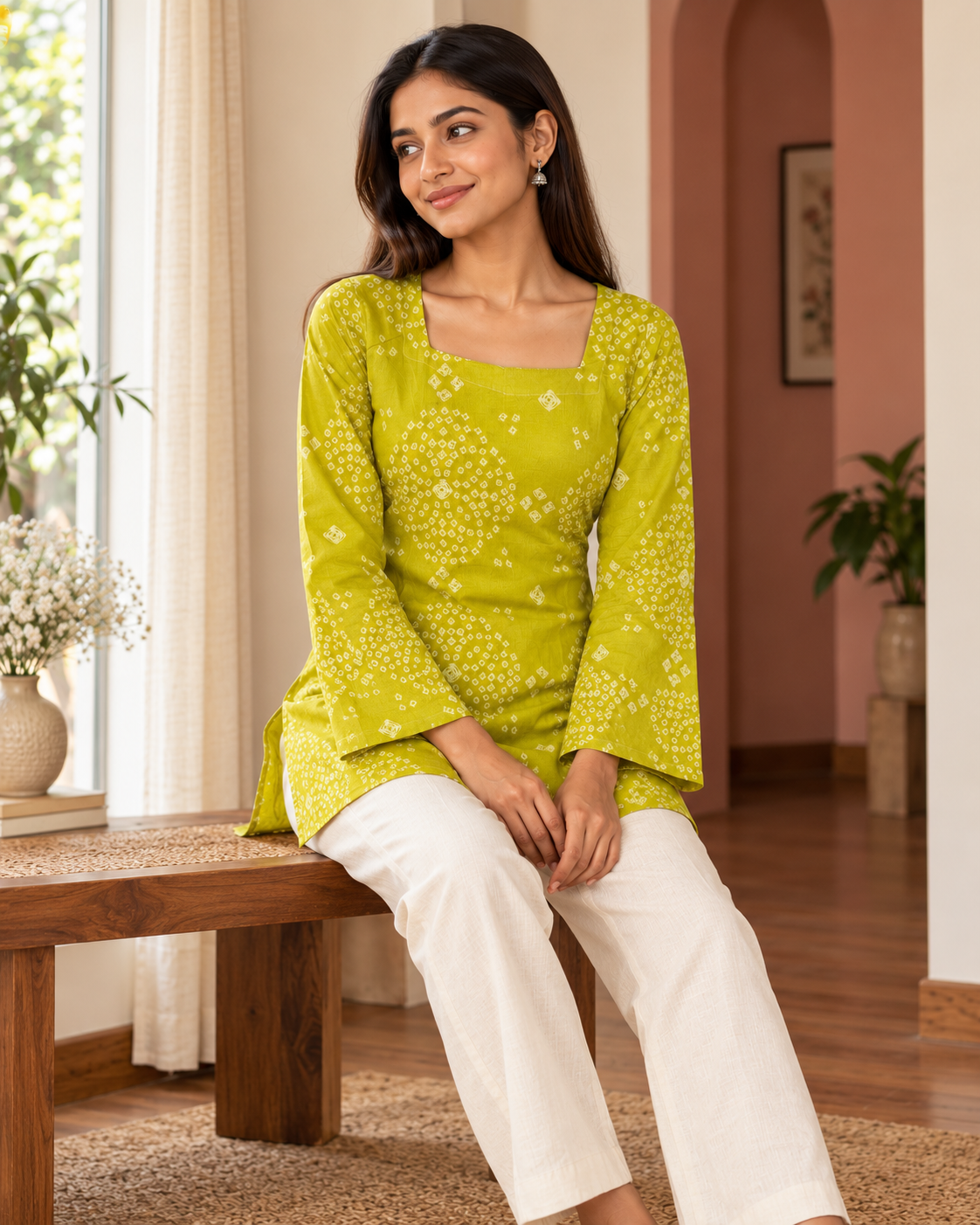 Zoya Chartreuse Bandhani Kurti