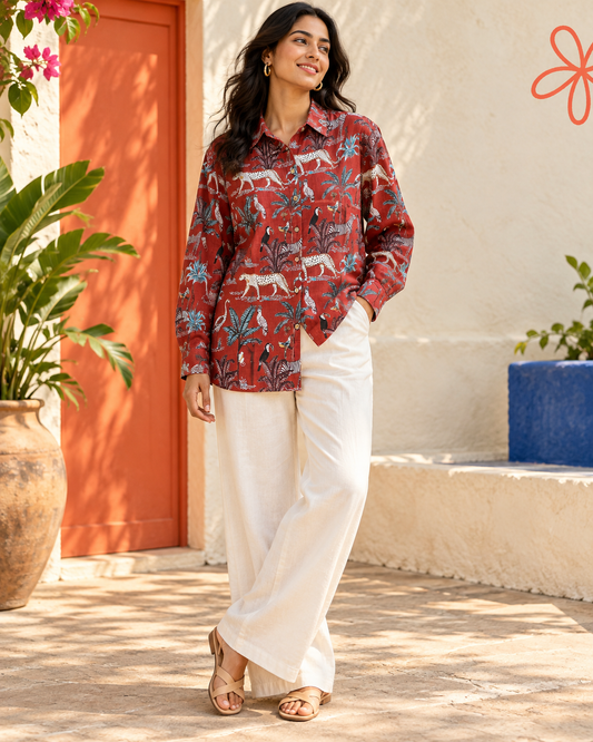 Heritage Wildlife Print Shirt – Brick Red