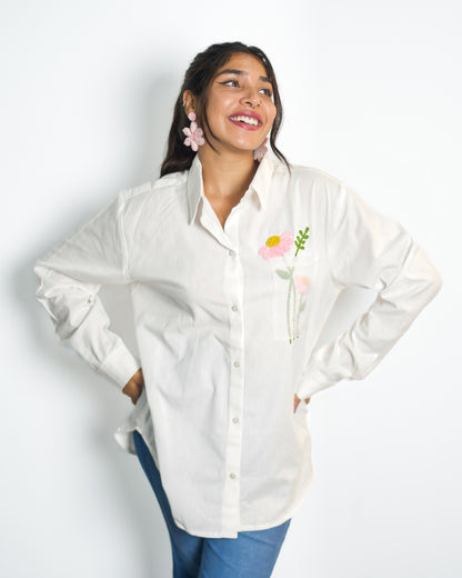 Oversized Embroided White Linen Shirt (Flower)