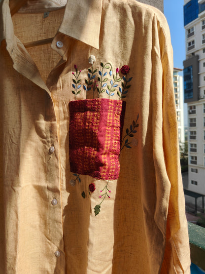 Oversized Embroided Brown Linen Shirt (Flower)
